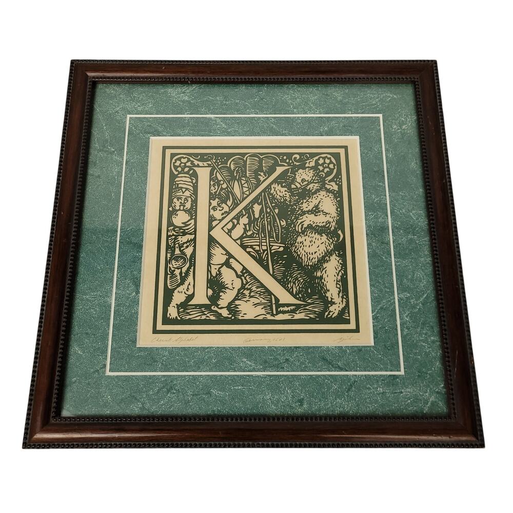 Vintage Hans Weiditz Renaissance Cherub "K" Alphabet Print Framed 11x11 Fenix - Picture 1 of 11